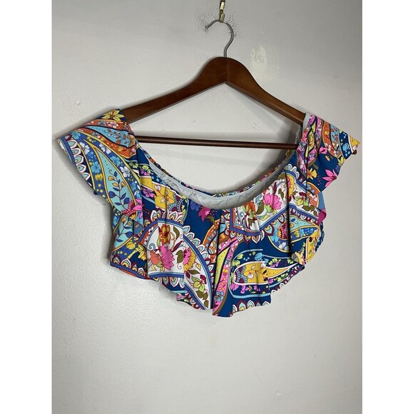 Trina Turk La Palma Ruffle Bandeau Bikini Top Off Shoulder Floral Blue Medium - Picture 2 of 4